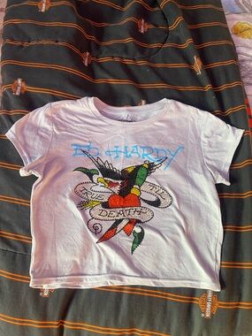 Ed Hardy White Crop Tee with Multicolor Tattoo Heart Graphic